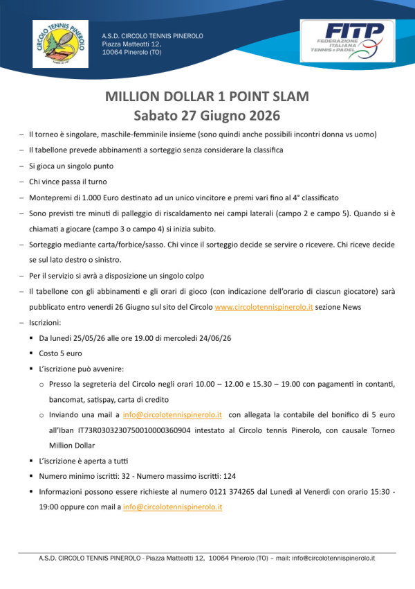 MILLION DOLLAR 1 POINT SLAM - SABATO 27 Giugno 2026 - Regolamento